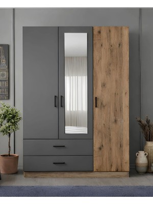 Latre 3 Kapaklı Gardırop - Antık Cam & Antrasit - Çekmeceli Raflı Aynalı