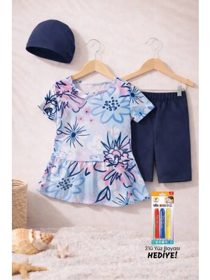 Kalp Desenli Lacivert Kız Çocuk Boneli Mayo Takımı