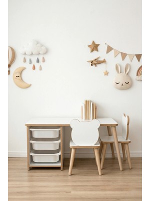 Pofitto Çocuk Masa Sandalye Takımı-3 Sepetli Çalışma ve Aktivite Masası-Yaz-Sil  Yüzey-2 Panda Sandalye