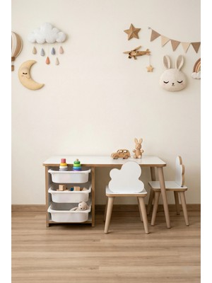 Pofitto Çocuk Masa Sandalye Takımı-3 Sepetli Çalışma ve Aktivite Masası-Yaz-Sil  Yüzey-2 Bulut Sandalye