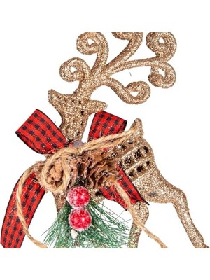 Nisar Store Yılbaşı Ağaç Süsü Ekose Desenli Kurdelalı Simli Geyik 8X15 Cm.
