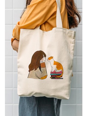 Çınar Bez Çanta Kanvas Kedili Kız Baskılı Bez Çanta Krem Renkli Çevre Dostu Günlük Kullanım İçin