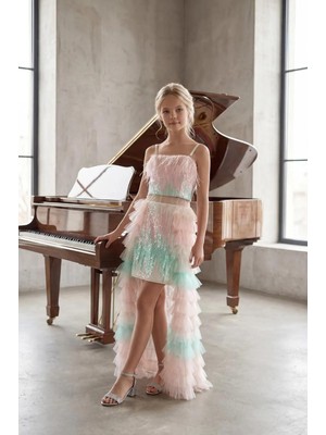 Butik Happy Kids Kız Çocuk Abiye Kısa Payetli Elbise Etekleri Kat Kat Renkli Kız Çocuk Abiye 8-16 Yaş