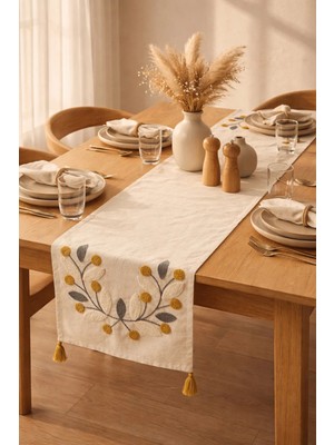 Shopyteks %100 Pamuk Keten Bohem Punch Nakışlı Masa Runner – 30X140 cm Zarif ve Doğal Sofra Dekorasyonu