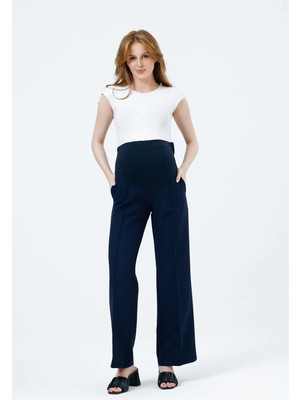 Katlin Maternity Hamile Geniş Paça Beli Ayarlanabilir Lacivert Kumaş Pantolon Önü Dikiş Detaylı