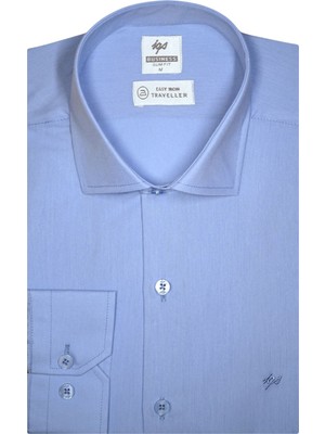 İGS Koyu Mavi Slim Fit Dar Kalıp Klasik Yaka Düz Uzun Kollu Cepsiz Kolay Ütülenir Gömlek