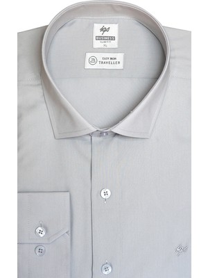 İGS Açık Gri Slim Fit Dar Kalıp Klasik Yaka Düz Uzun Kollu Cepsiz Kolay Ütülenir Gömlek