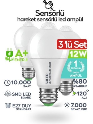 Suled Hareket Sensörlü LED Lamba 3 Adet Ampül Beyaz Işık 12W A++ %80 Tasarruflu Otomatik Yanıp Söner