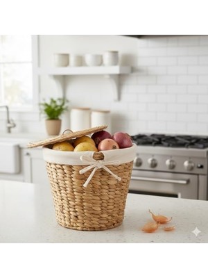 Berry Store Su Sümbülü Patates Soğan Kovası | Doğal Hasır Saklama Sepeti | El Yapımı Yuvarlak Şekilli Mutfak Düzenleyici | Dekoratif Sebze Kovası (25X25X25CM)