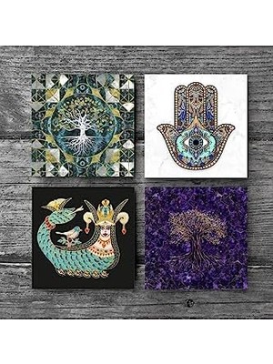 Berry Store Hayat Ağacı, Şahmeran, Fatma Ana Eli  Taş Bardak Altlığı Seti - 4 Parça - Dekoratif, Rustik Mutfak Aksesuarı, 10X10 Cm, Kaydırmaz Tabanlı, Şık ve Dayanıklı SC482