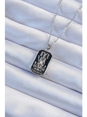 Shopwave 316L Çelik Zincir Gümüş Renk Siyah Mineli Tarot Kolye
