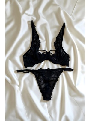 Luvensa Siyah Ip Detaylı Dantelli Bralet Takım (Sütyen & Tanga)