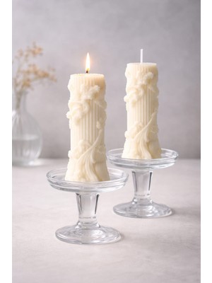 2'li Sarmaşık Desenli Dekoratif Doğal Silindir Mum Seti