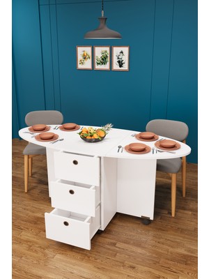 Asra Trend Lüks Katlanır Mutfak Yemek Masası %100 MDF Pratik Çekmeceli Çalışma Masası KM08