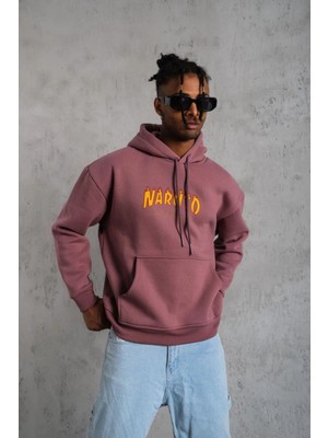 Erkek 3 Iplik Pamuklu Kapüşonlu Baskılı Cepli Oversize Sweatshirt Hoodie - Gül Kurusu