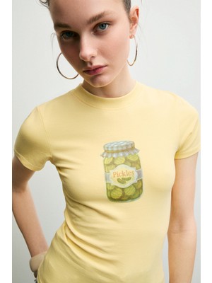 Grimelange Imperıa Kadın Yumuşak Kumaşlı Organik Pamuklu Baskı Detaylı Sarı T-Shirt