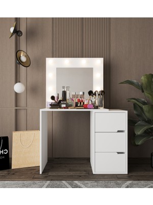 Modena Hollywood Işıklı Aynalı Çekmeceli Makyaj Masası Beyaz