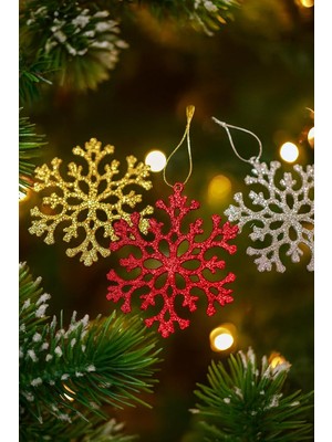 Nisar Store Yılbaşı Ağacı Süsleri Simli Kar Tanesi Şekilli Asılabilir Ağaç Süsü Renkli 3'lü Karışık