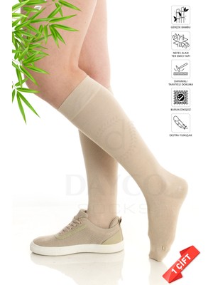 Premium Dikişsiz (Ten Rengi) Bej Rengi Kadın Bambu Dizaltı Çorap - 392-BEJ-35-38 - (1 Çift)