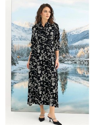 Aria's Closet Arias Closet %100 Viskon Desenli Truvakar Kollu Saten Elbise