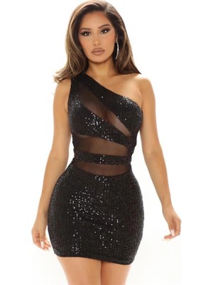 Aria's Closet Arias Closet Pullu Transparan Detaylı Omuz Dekolteli Mini Seksi Elbise