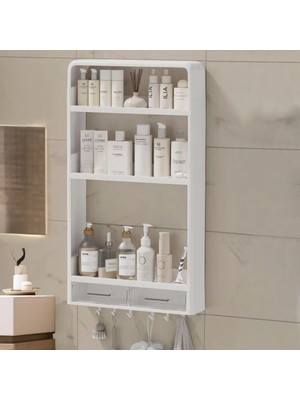 Omaş Tera Yapışkanlı Duvar Rafı Organzer Banyo Rafı, Mutfak Rafı Havluluk Sabun,şampuanlık, Çekmeceli Duş Rafı Beyaz
