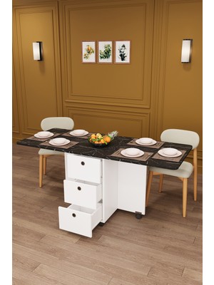 Asra Trend Lüks Katlanır Mutfak Yemek Masası %100 MDF Pratik Çekmeceli Çalışma Masası KM30
