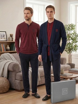 D'S Damat D’s Damat Çeyizlik Premium Modal Pijama Rob Boxer Atlet Kutulu Set | 3’lü Çorap Hediyeli Bordo