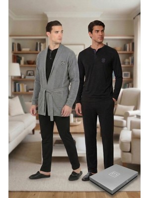 D’s Damat Çeyizlik Premium Modal Pijama Rob Boxer Atlet Kutulu Set | 3’lü Çorap Hediyeli Siyah