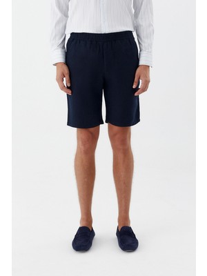 Sabri Özel Erkek Koyu Lacivert Normal Kesim Regular Fit %100 Keten Lastikli Bel Bermuda Şort