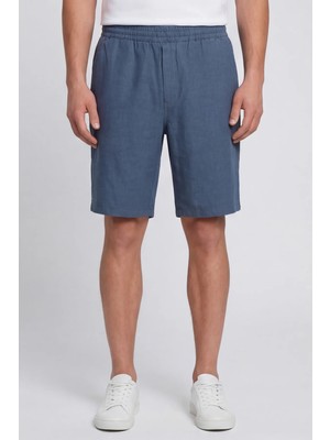Sabri Özel Lacivert %100 Keten Regular Fit Beli Lastikli Bermuda Şort