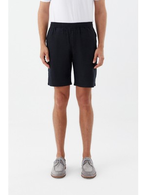 Sabri Özel Erkek Siyah Regular Fit %100 Keten Lastikli Bel Bermuda Şort