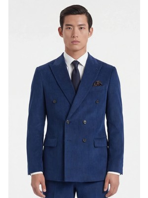 Giotelli Erkek %100 Kadife Kruvaze Yaka 6 Drop Klasik Açık Lacivert Takım Elbise