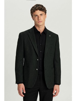Sabri Özel Erkek Yeşil Dar Kesim Slim Fit Yünlü Dokuma Torba Cep Mono Yaka 4 Drop Ceket