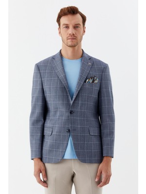 Sabri Özel Erkek Mavi Regular Fit 4 Drop Mono Yaka Blazer Ceket