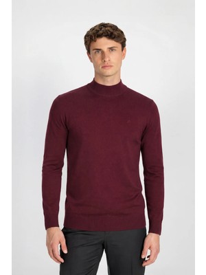 Sabri Özel Bordo Regular Fit Yünlü Yarım Balıkçı Yaka Triko Kazak