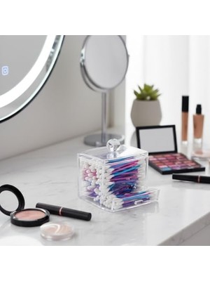 Berry Store Şeffaf Akrilik Kulak Çubuğu ve Makyaj Organizeri, Kapaklı, Çekmeceli, 9x9 Cm, Banyo Düzenleyici Kutusu