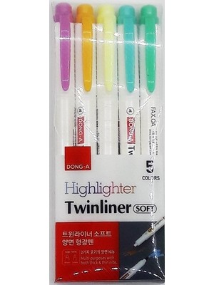 Dong-A Twinliner Soft 5'li Fosforlu Kalem Seti – Neon Sarı, Altın Sarı, Pembe, Gök Mavisi, Zümrüt, 2,2 mm Yuvarlak Uç