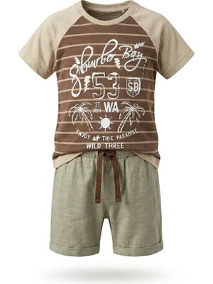 Mutlu Bebe Erkek Çocuk Yazlık Şortlu Takım Baskılı Tişörtlü 2’li Set %100 Pamuklu Rahat Günlük Kombin