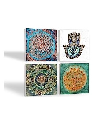 Berry Store Mandala, Yaşam Çiçeği, Çiçeği, Fatma Ana Eli  Taş Bardak Altlığı Seti - 4 Parça - Dekoratif, Rustik Mutfak Aksesuarı, 10X10 Cm, Kaydırmaz Tabanlı, Şık ve Dayanıklı SC212
