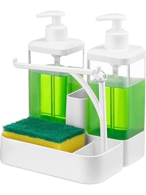 Nisar Store Ikili Sıvı Sabunluk ve Seti - Yüzük Bez Askılı Sünger Hazneli 2X350 ml 2li Sıvı Sabunluk
