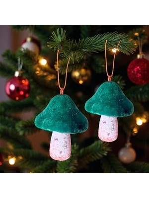 Berry Store Yılbaşı Mantar Süs Kadife 11CM Yeşil Beyaz 2 Adet AST7208