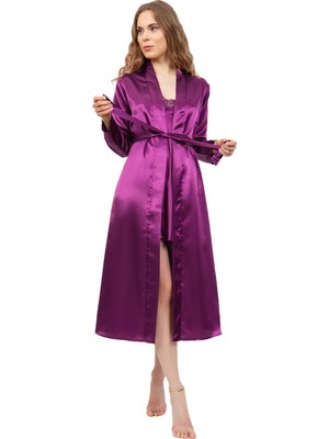 EXCLUSIVE Giona Kadın Saten İkili Gecelik Sabahlık Takımı 260 Mor Renkli Özel Tasarım