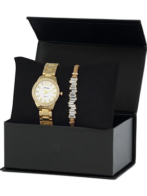 Forentina Altın Kap. Kadın Kol Saati ve Zirkon Taşlı Bileklik Kombin Set Bronz Renk