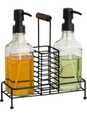 Berry Store 2'li Cam Dispenser Seti – Metal Taşıyıcılı Sıvı Sabun & Deterjan Pompa Şişeleri, Endüstriyel Mutfak & Banyo Organizer