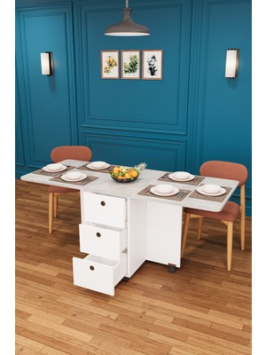 Asra Trend Lüks Katlanır Mutfak Yemek Masası %100 MDF Pratik Çekmeceli Çalışma Masası KM01