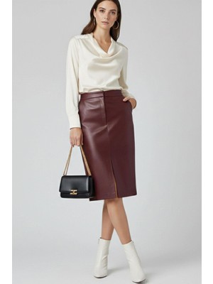 Deriderim Bordo Lina Yırtmaç Detaylı Midi Hakiki Deri Kadın Etek