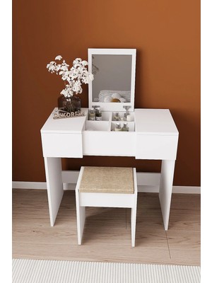 Dekorfim DF02101B Anka Çekmeceli Puflu Aynalı Makyaj Masası Beyaz Yatak Odası Organizer Oturaklı