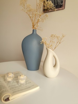 Panoramas Home Seramik Vazo İkili Set Düz Tasarım Gri ve Bej Renk 29 cm Boyut