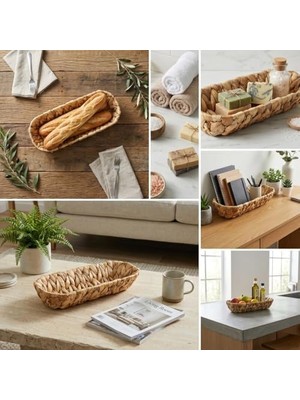 Berry Store Hasır Oval Ekmek Sepeti ve Çok Amaçlı Düzenleyici, 28X6 cm Doğal Örme Sunum Tabağı, Ince Uzun Baget Ekmeklik, Çatal Kaşık ve Banyo Makyaj Organizeri